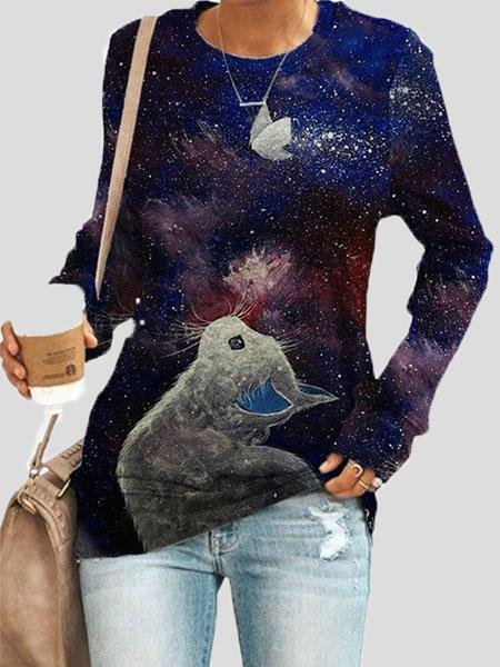 Loose Animal Cat Print Long Sleeve T-Shirts - LuckyFash™
