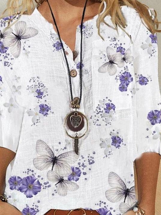 Loose Butterfly Print Button Five-Quarter Sleeves Blouses - LuckyFash™