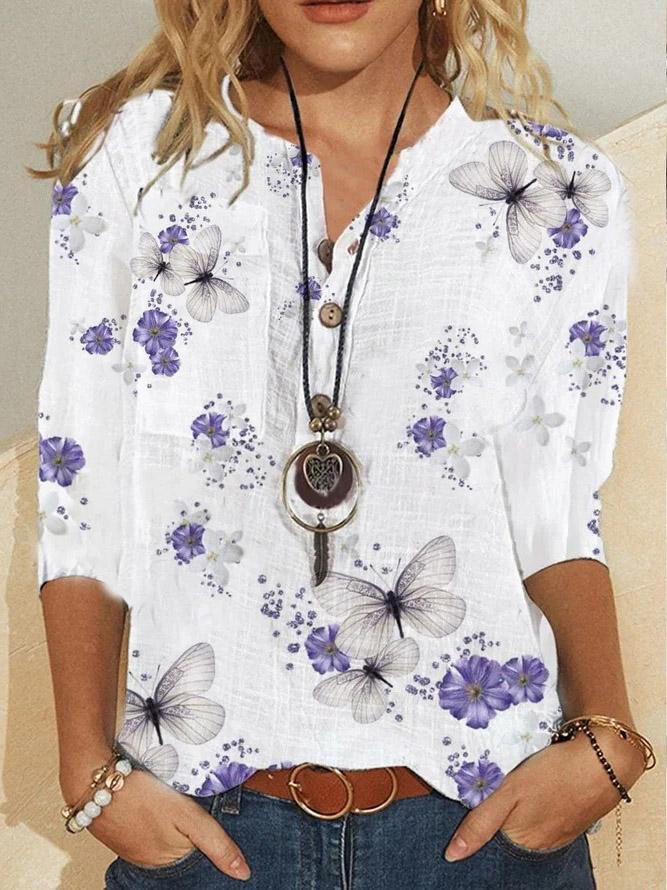 Loose Butterfly Print Button Five-Quarter Sleeves Blouses - LuckyFash™