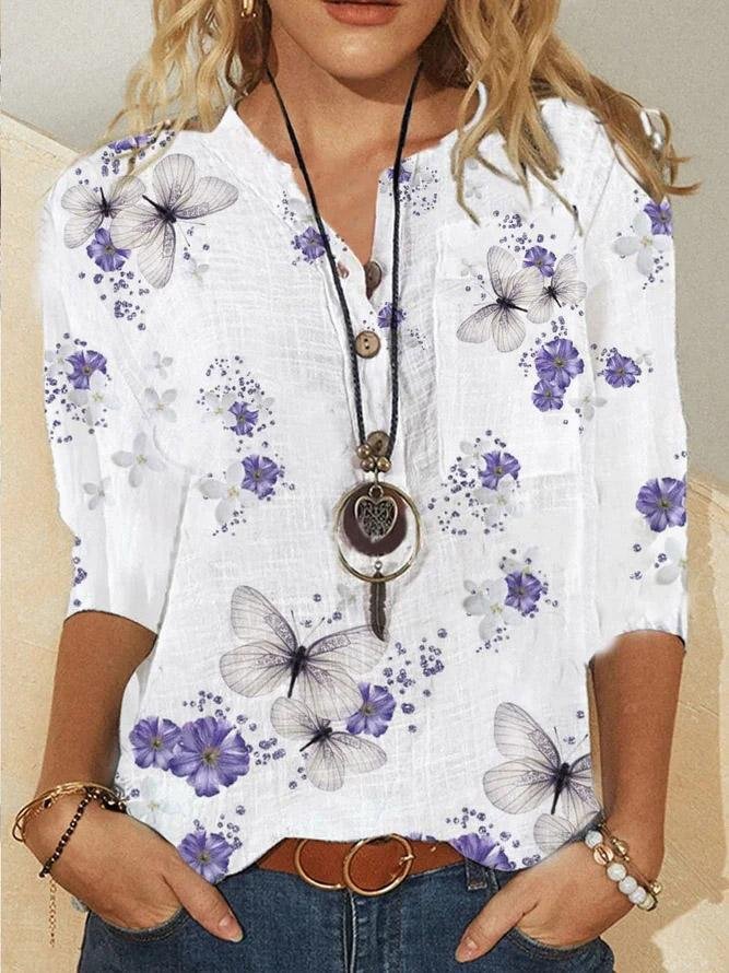 Loose Butterfly Print Button Five-Quarter Sleeves Blouses - LuckyFash™