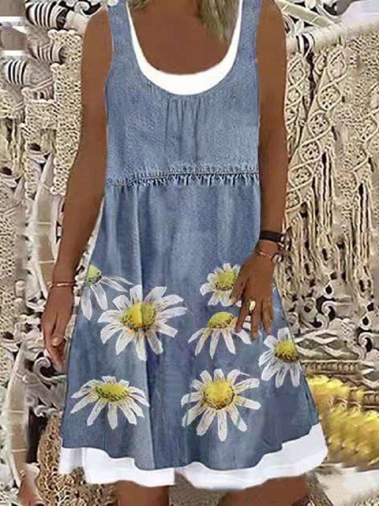 Loose Chrysanthemum Print Sleeveless Denim Dress - LuckyFash™