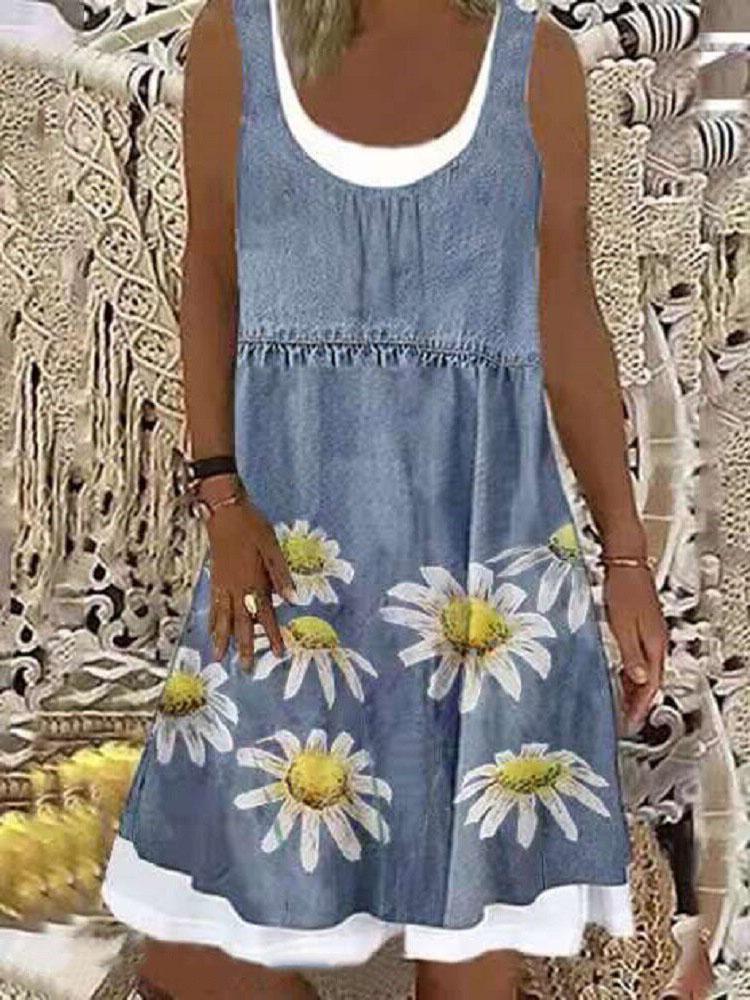 Loose Chrysanthemum Print Sleeveless Denim Dress - LuckyFash™