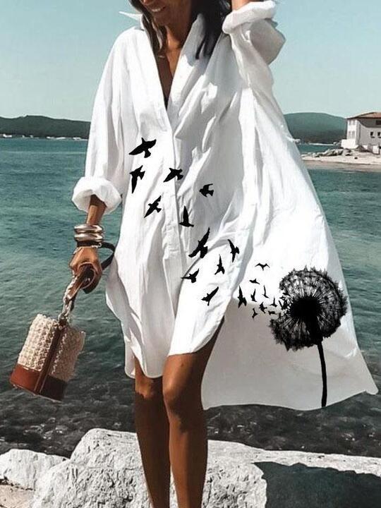 Loose Dandelion Print V-neck Shirt Dress - LuckyFash™