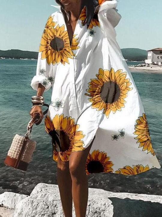Loose Dandelion Print V-neck Shirt Dress - LuckyFash™