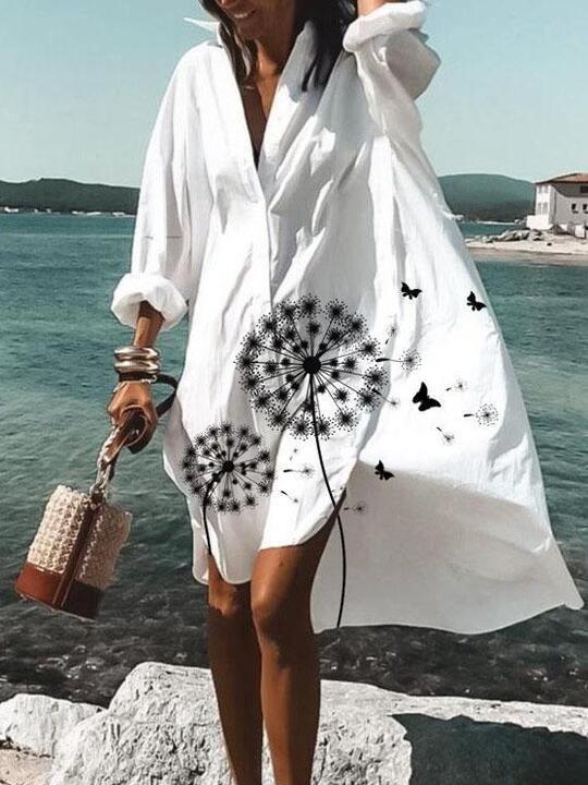 Loose Dandelion Print V-neck Shirt Dress - LuckyFash™