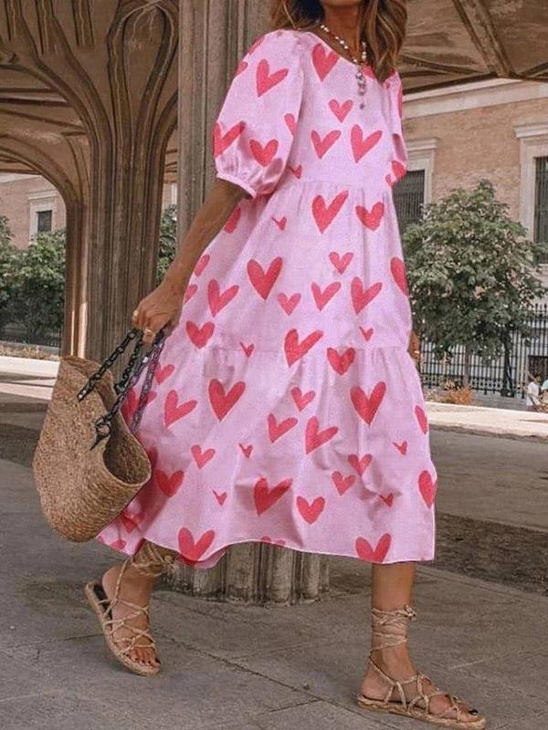 Loose Heart Print Puff Sleeve Dress - LuckyFash™
