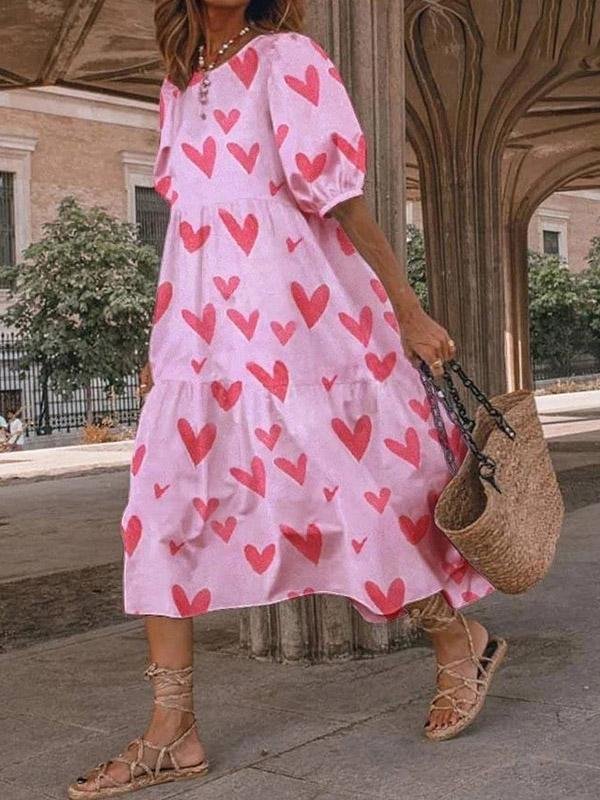 Loose Heart Print Puff Sleeve Dress - LuckyFash™