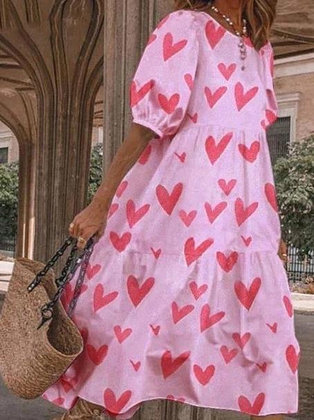 Loose Heart Print Puff Sleeve Dress - LuckyFash™