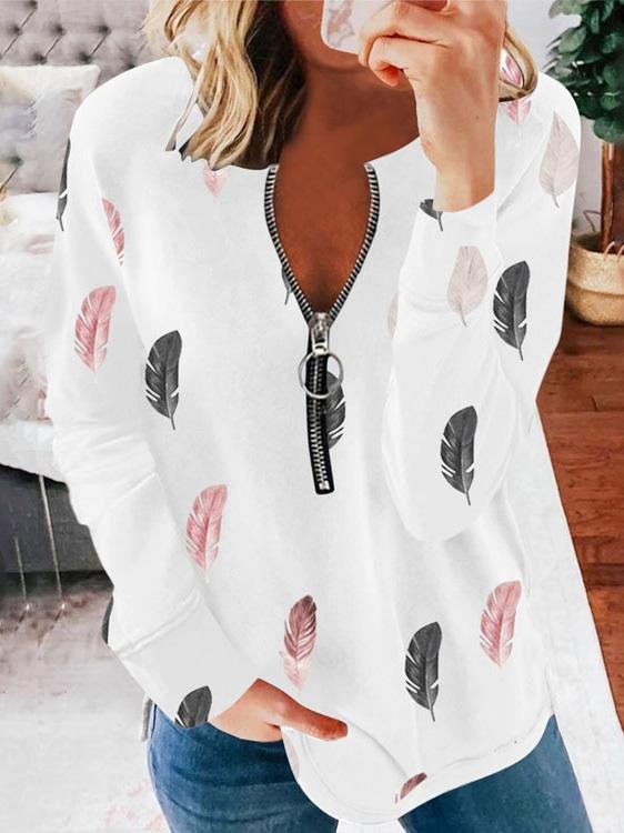 Loose Long Sleeve Printed Zipper Blouses - LuckyFash™