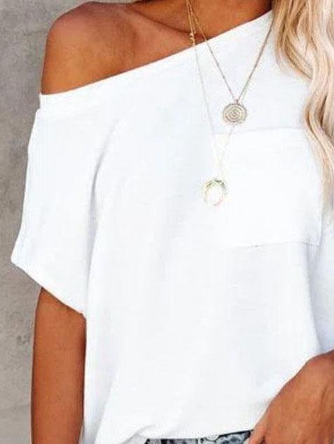 Loose Pocket Solid Off-shoulder T-shirt - LuckyFash™