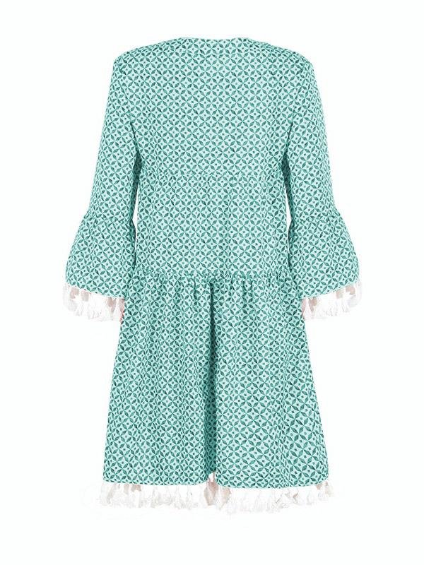 Loose Printed 3/4 Sleeve Fringed V-Neck Dress - LuckyFash™