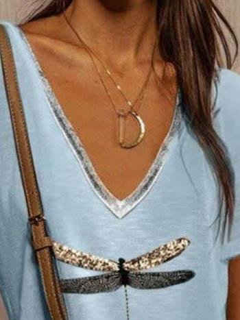 Loose Printed V Neck Short-sleeved T-shirt - LuckyFash™