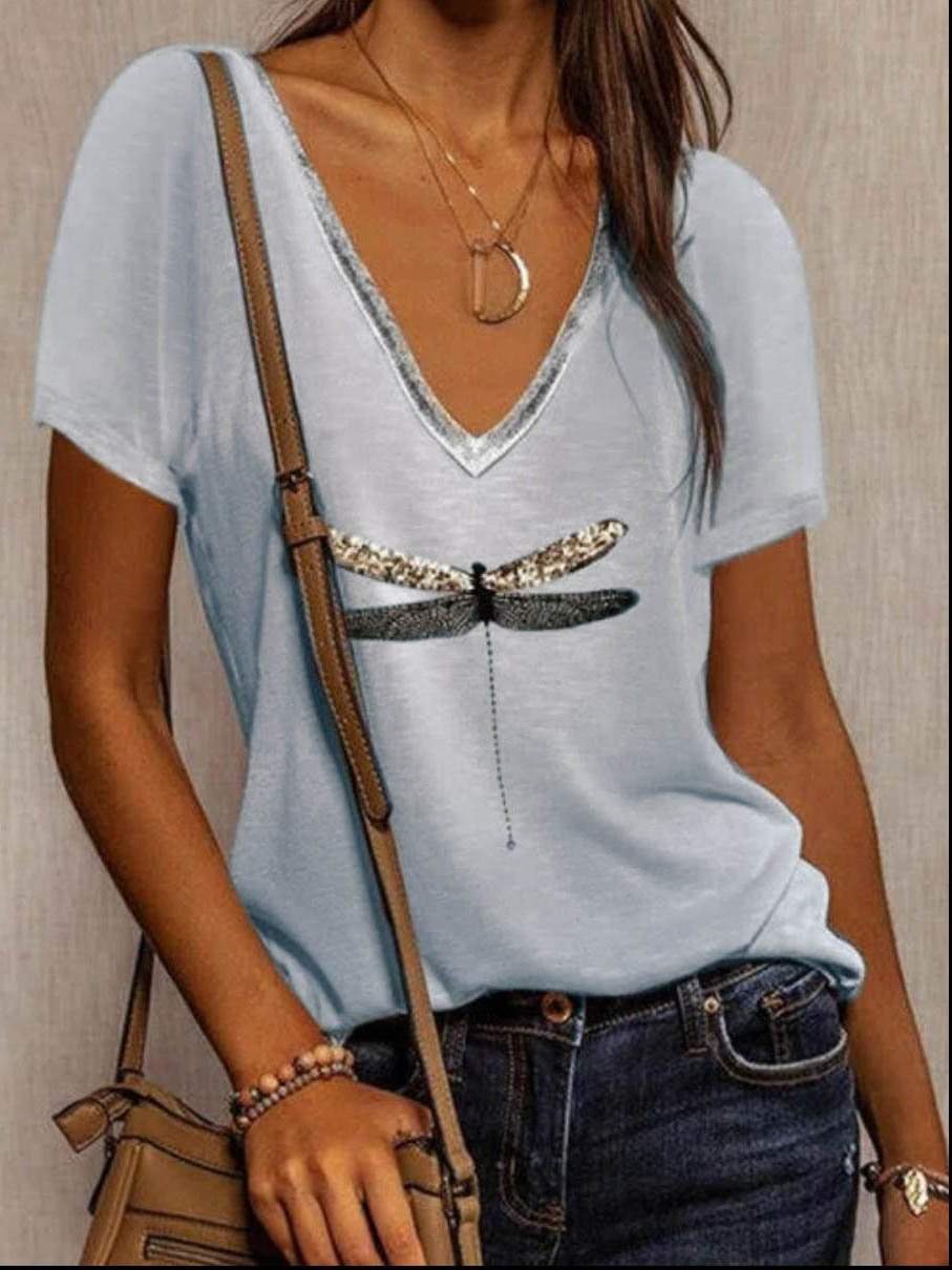 Loose Printed V Neck Short-sleeved T-shirt - LuckyFash™