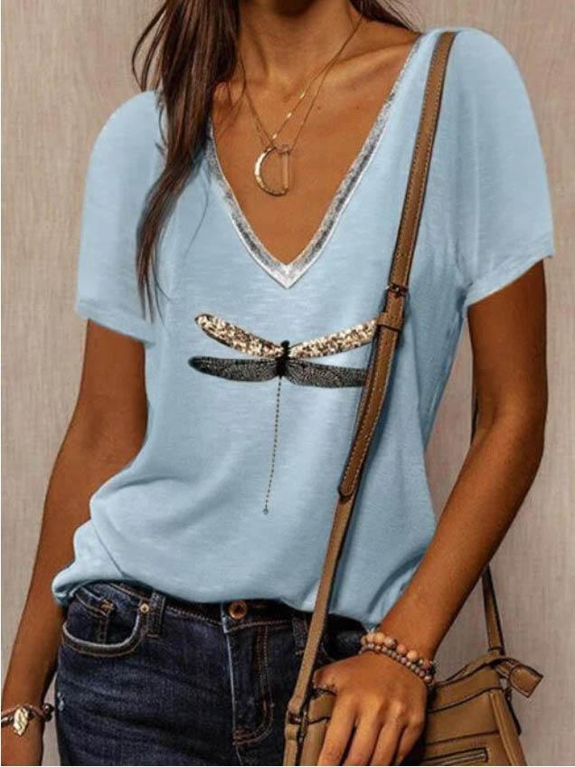 Loose Printed V Neck Short-sleeved T-shirt - LuckyFash™