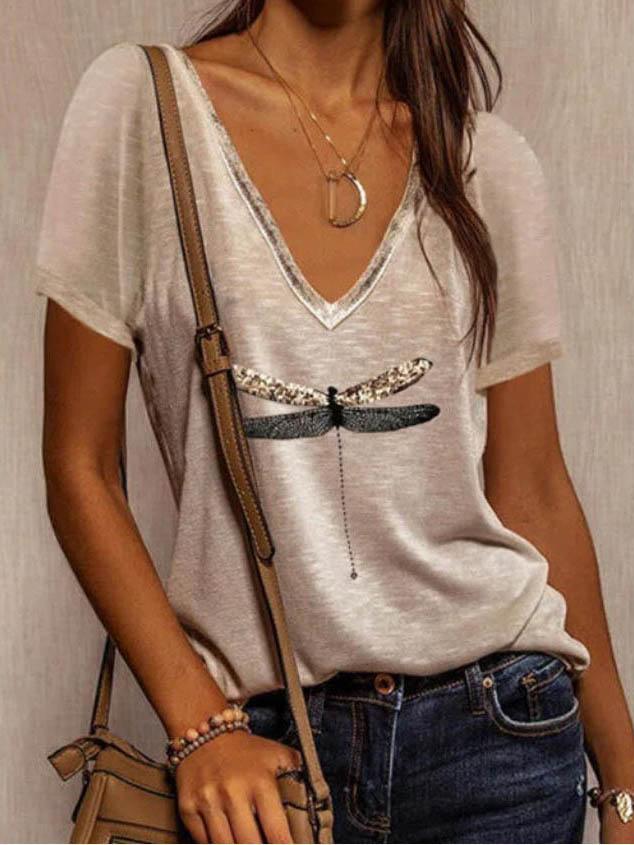 Loose Printed V Neck Short-sleeved T-shirt - LuckyFash™