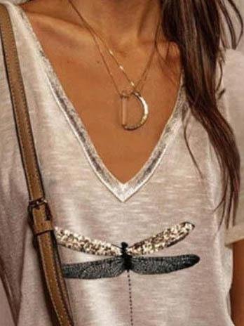 Loose Printed V Neck Short-sleeved T-shirt - LuckyFash™