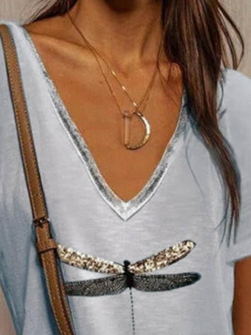 Loose Printed V Neck Short-sleeved T-shirt - LuckyFash™