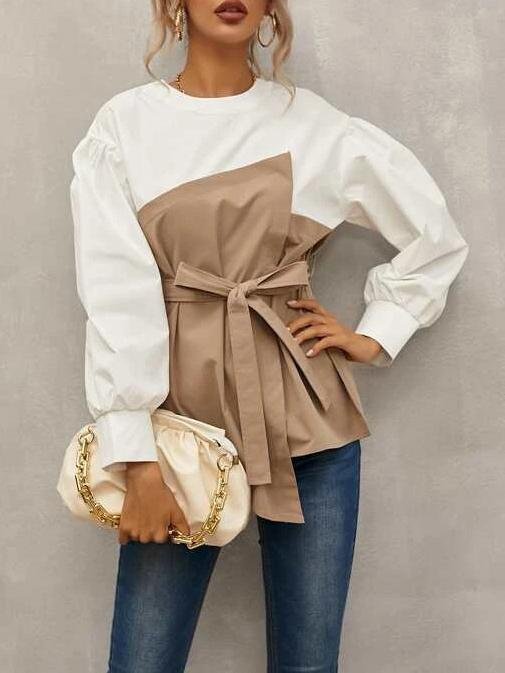 Loose Pullover Lantern Sleeve Shirt With Belt - LuckyFash™