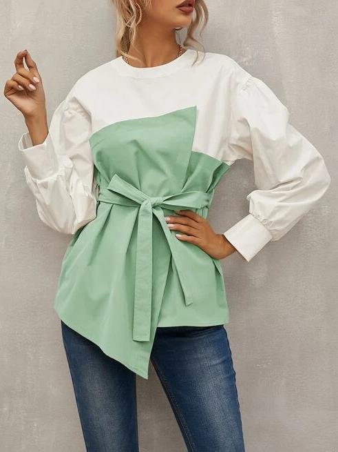 Loose Pullover Lantern Sleeve Shirt With Belt - LuckyFash™