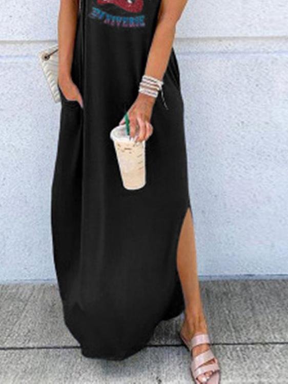 Loose Round Neck Short Sleeve Printed Long Dress - LuckyFash™