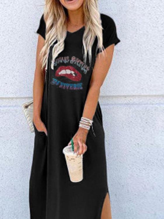 Loose Round Neck Short Sleeve Printed Long Dress - LuckyFash™