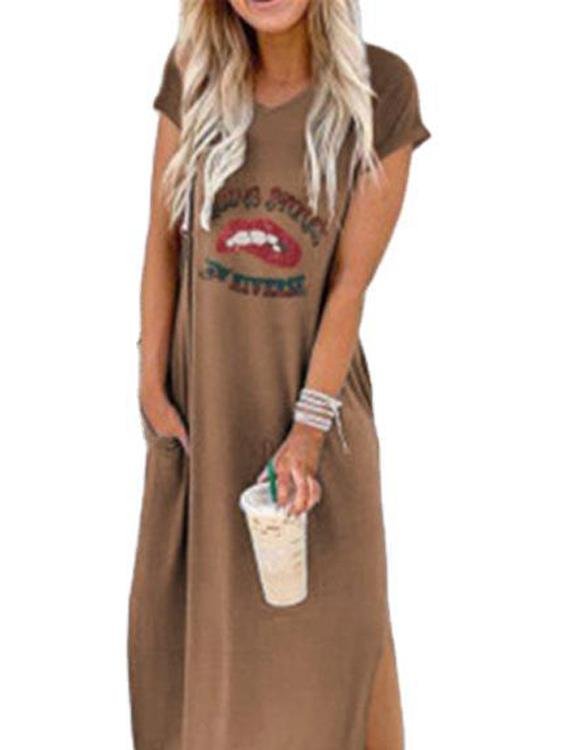 Loose Round Neck Short Sleeve Printed Long Dress - LuckyFash™