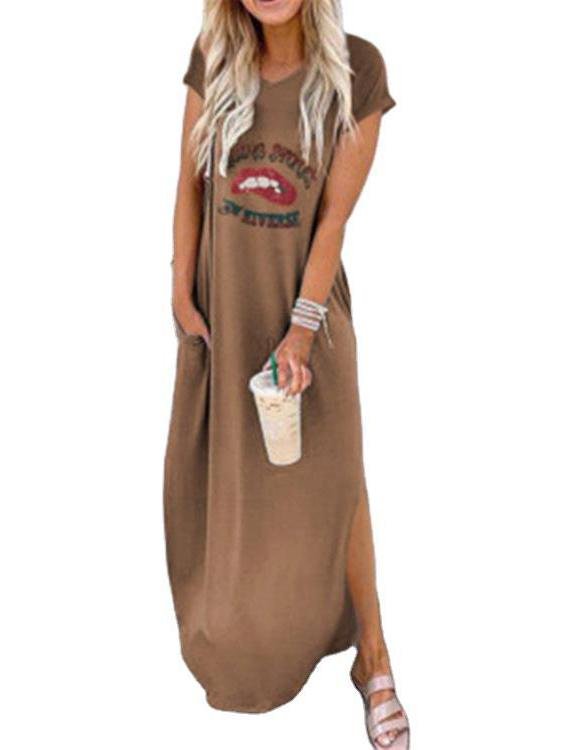 Loose Round Neck Short Sleeve Printed Long Dress - LuckyFash™