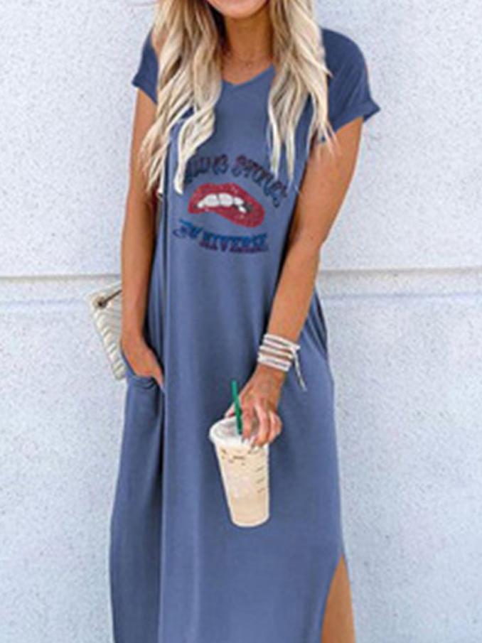 Loose Round Neck Short Sleeve Printed Long Dress - LuckyFash™
