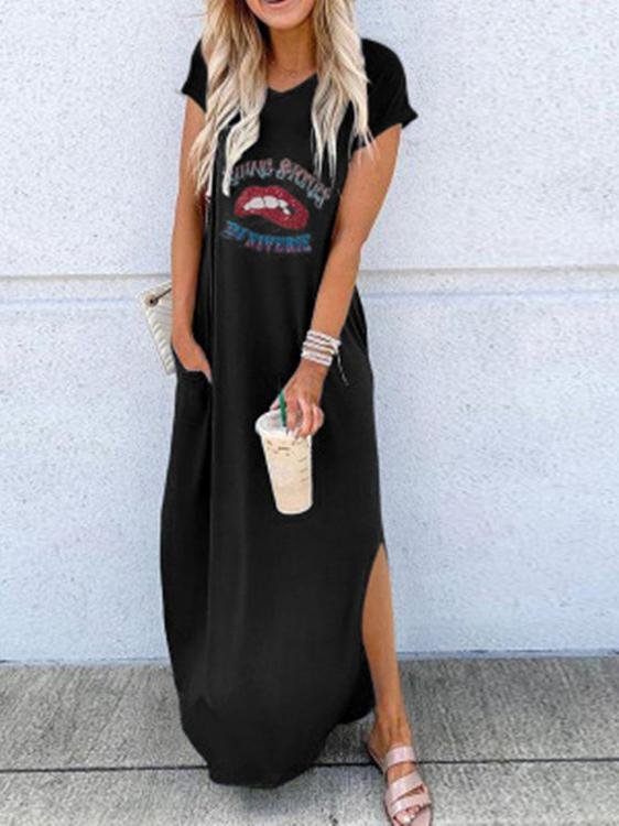 Loose Round Neck Short Sleeve Printed Long Dress - LuckyFash™
