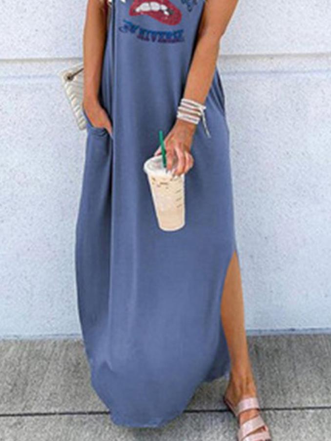 Loose Round Neck Short Sleeve Printed Long Dress - LuckyFash™