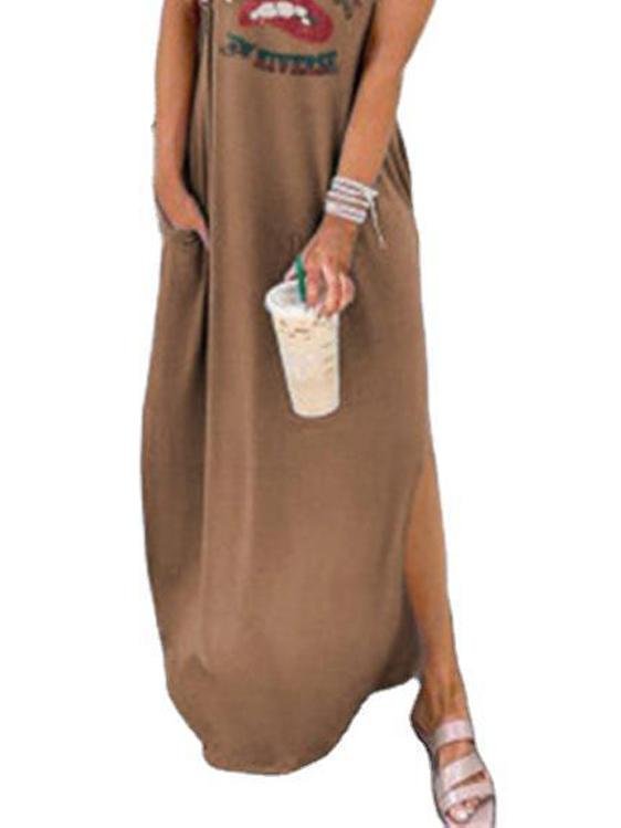Loose Round Neck Short Sleeve Printed Long Dress - LuckyFash™