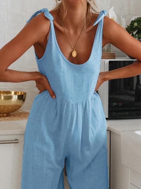 Loose Round Neck Sleeveless Belted Jumpsuit - LuckyFash™