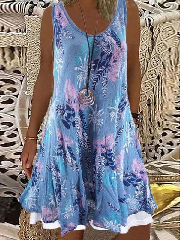 Loose Round Neck Sleeveless Printed Fake Two-Piece Dress - LuckyFash™