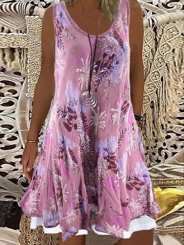 Loose Round Neck Sleeveless Printed Fake Two-Piece Dress - LuckyFash™