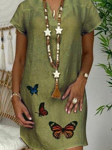 Loose Short Sleeve V-neck Butterfly Print Dress - LuckyFash™