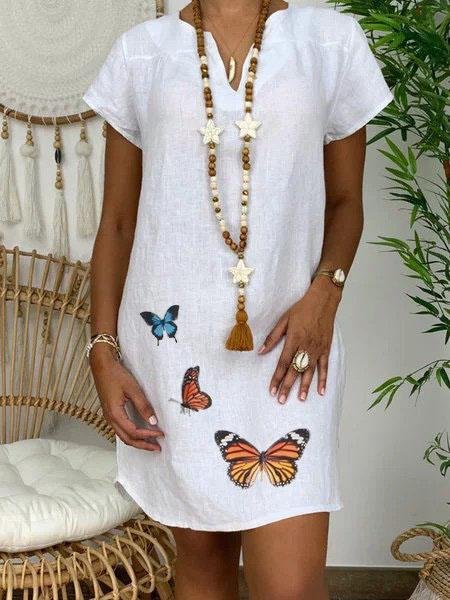 Loose Short Sleeve V-neck Butterfly Print Dress - LuckyFash™