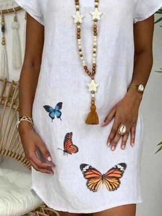 Loose Short Sleeve V-neck Butterfly Print Dress - LuckyFash™