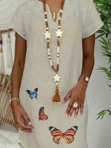 Loose Short Sleeve V-neck Butterfly Print Dress - LuckyFash™