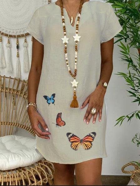 Loose Short Sleeve V-neck Butterfly Print Dress - LuckyFash™
