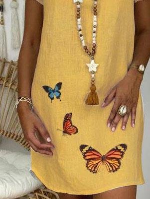 Loose Short Sleeve V-neck Butterfly Print Dress - LuckyFash™