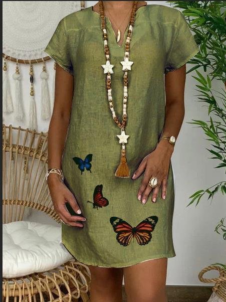 Loose Short Sleeve V-neck Butterfly Print Dress - LuckyFash™