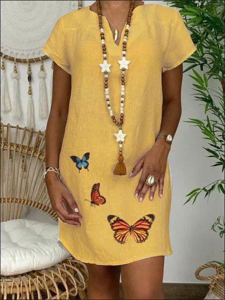 Loose Short Sleeve V-neck Butterfly Print Dress - LuckyFash™