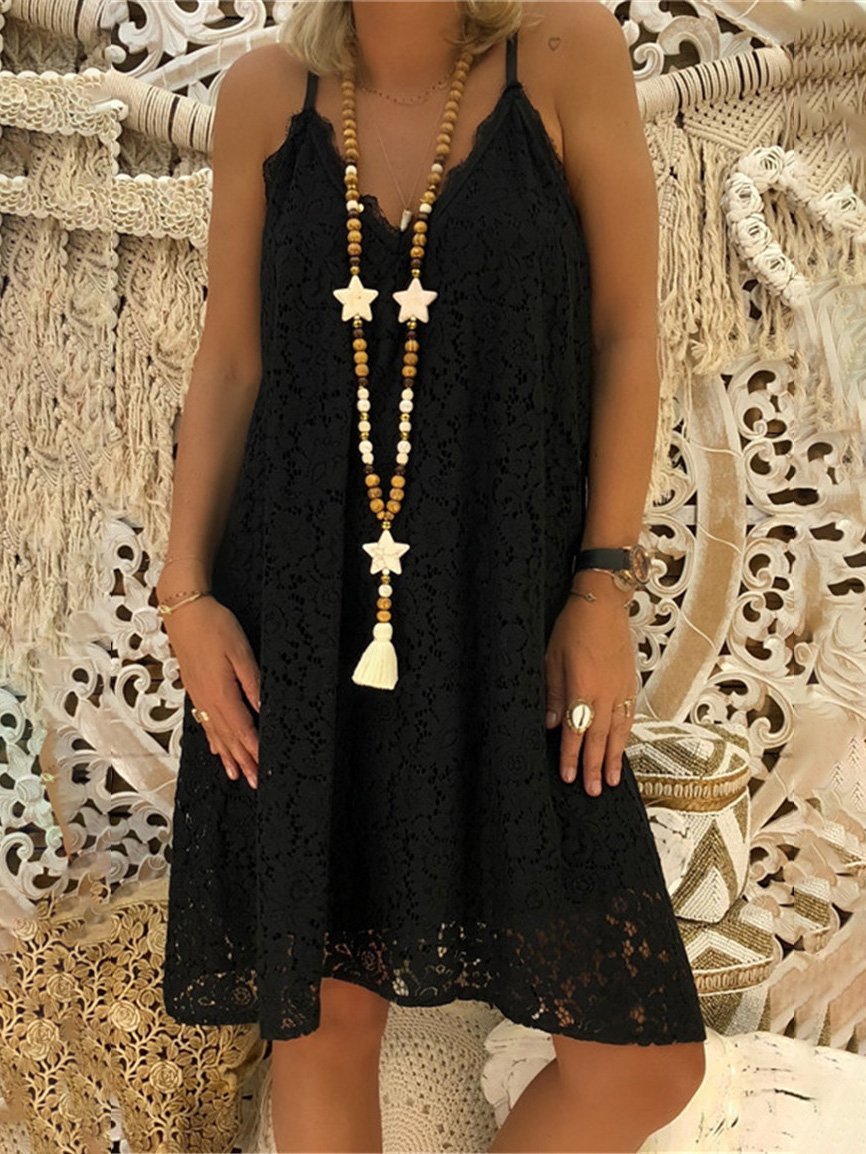 Loose Sleeveless V-Neck Sling Lace Dress - LuckyFash™