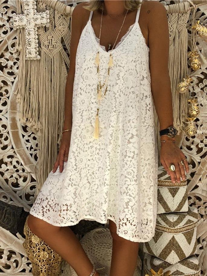 Loose Sleeveless V-Neck Sling Lace Dress - LuckyFash™