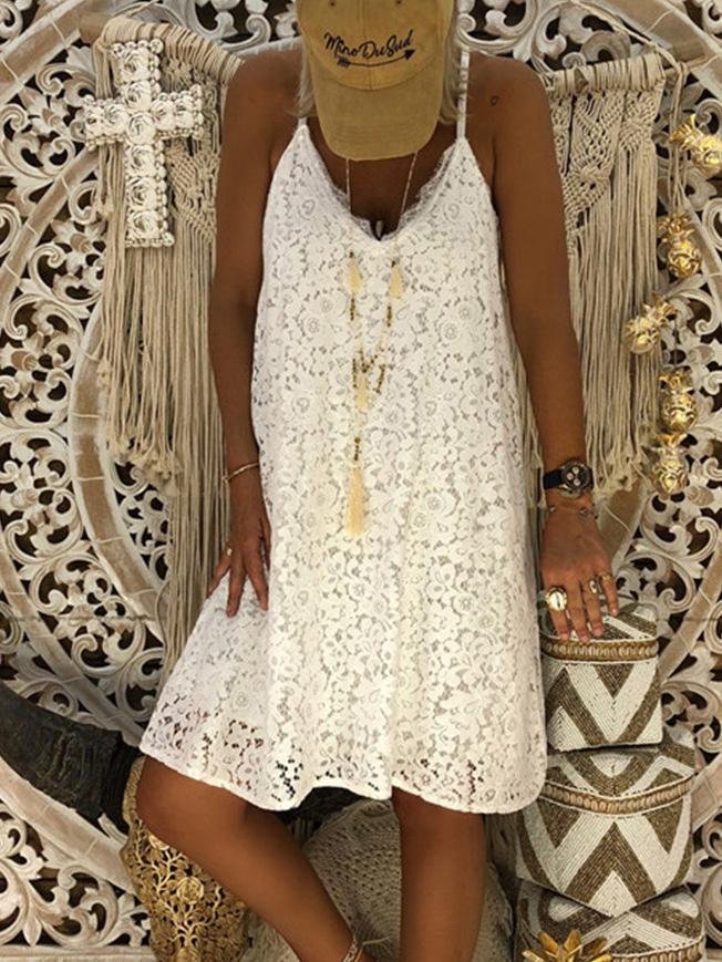 Loose Sleeveless V-Neck Sling Lace Dress - LuckyFash™