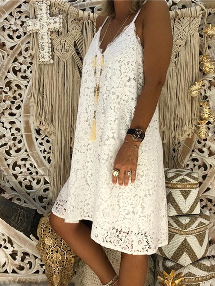 Loose Sleeveless V-Neck Sling Lace Dress - LuckyFash™