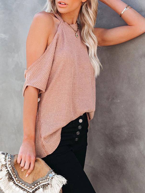 Loose Solid Round Neck Pit Strip Off-shoulder T-shirt - LuckyFash™