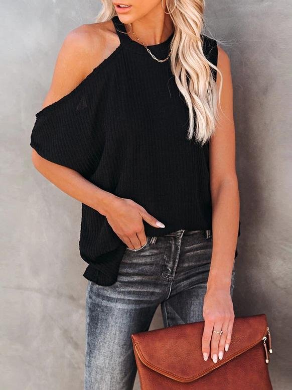 Loose Solid Round Neck Pit Strip Off-shoulder T-shirt - LuckyFash™