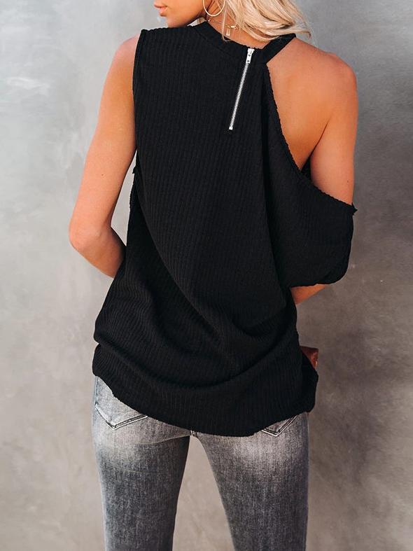 Loose Solid Round Neck Pit Strip Off-shoulder T-shirt - LuckyFash™