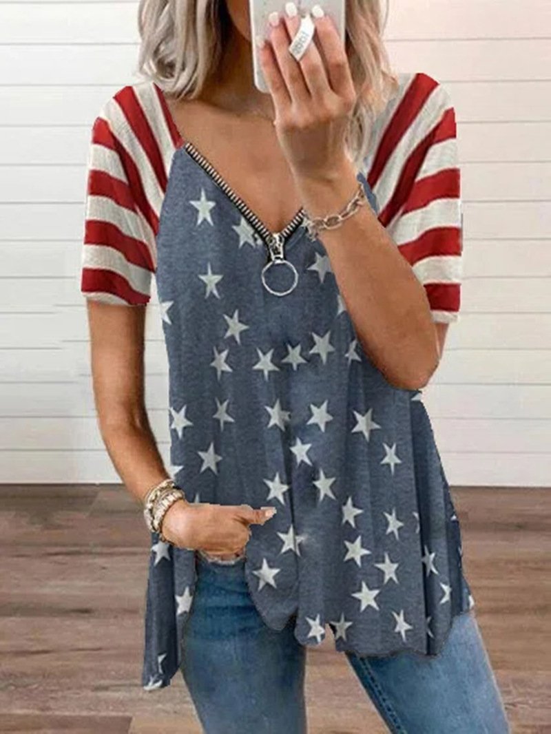 Loose Star Print Zipper V-neck Short-sleeved T-shirt - LuckyFash™